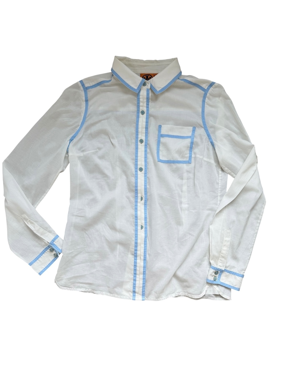 Tory Burch White Button-Up Shirt | Light Blue Trim Size 8
